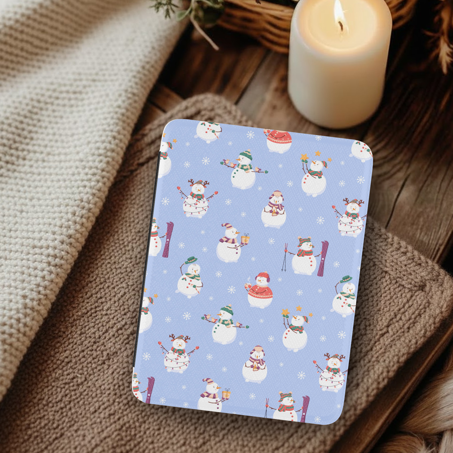 Skiing Snowmen Leather Kindle Case with Hand Strap