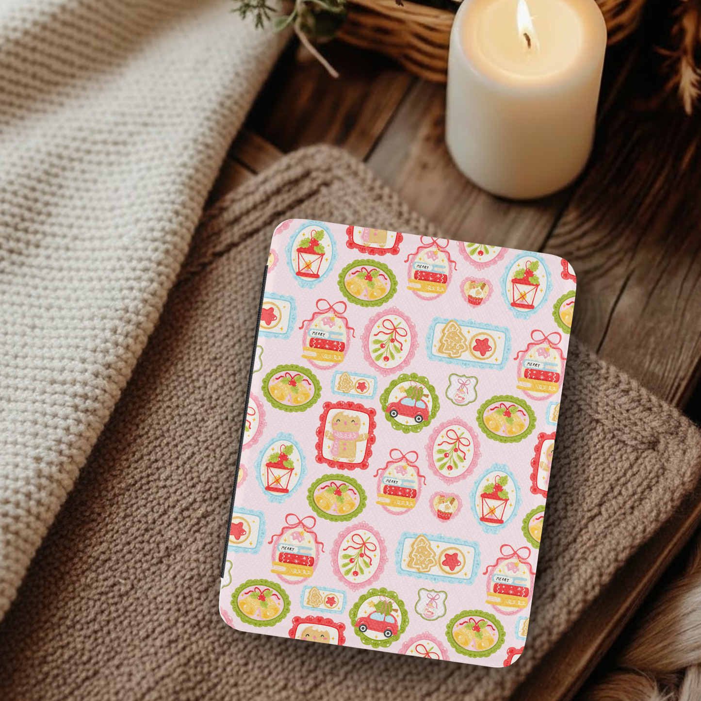 Coquette Christmas Frames Leather Kindle Case with Hand Strap