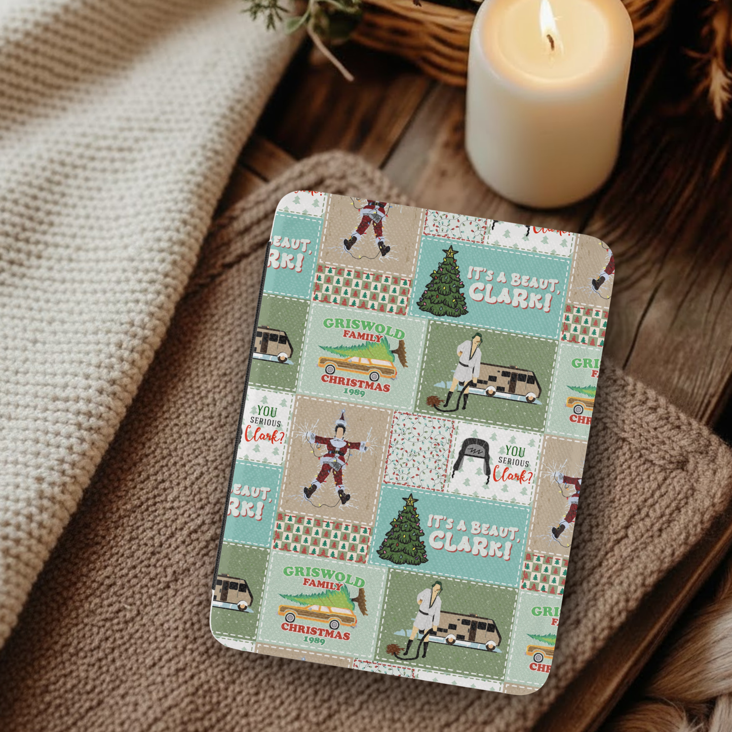 Christmas Vacation Patchwork Leather Kindle Case with Hand Strap featuring festive patchwork design and cozy holiday themes