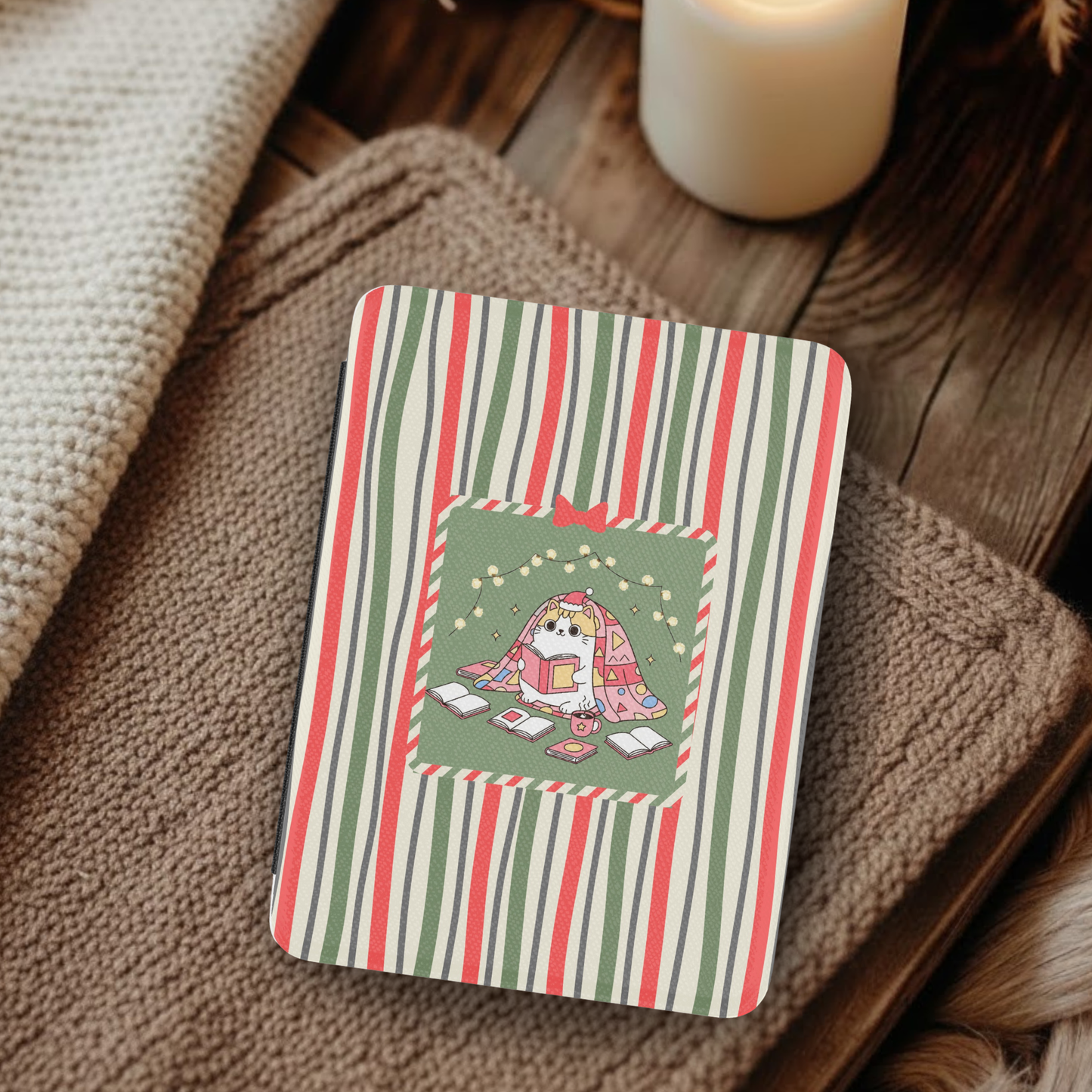 Christmas Cozy Cat Reading Leather Kindle Case with Hand Strap