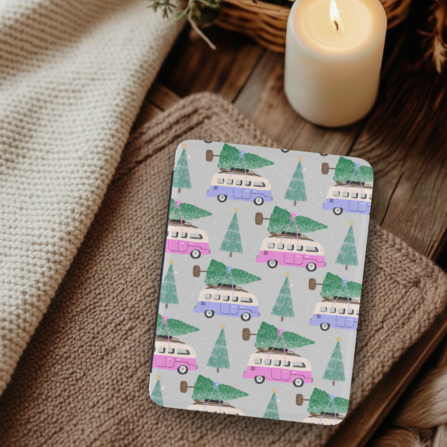 Christmas Tree Shopping Pattern Leather Kindle Case with Hand Strap