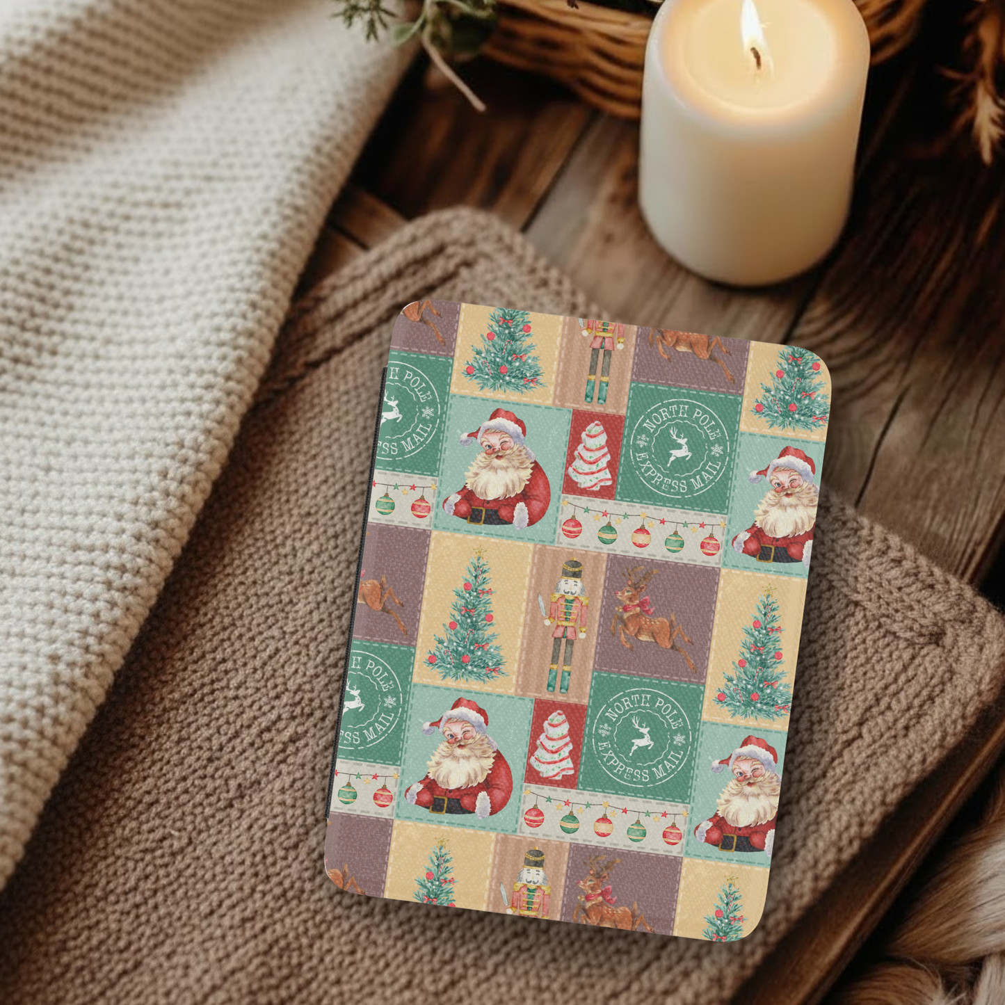 Vintage Christmas Patchwork Leather Kindle Case with Hand Strap