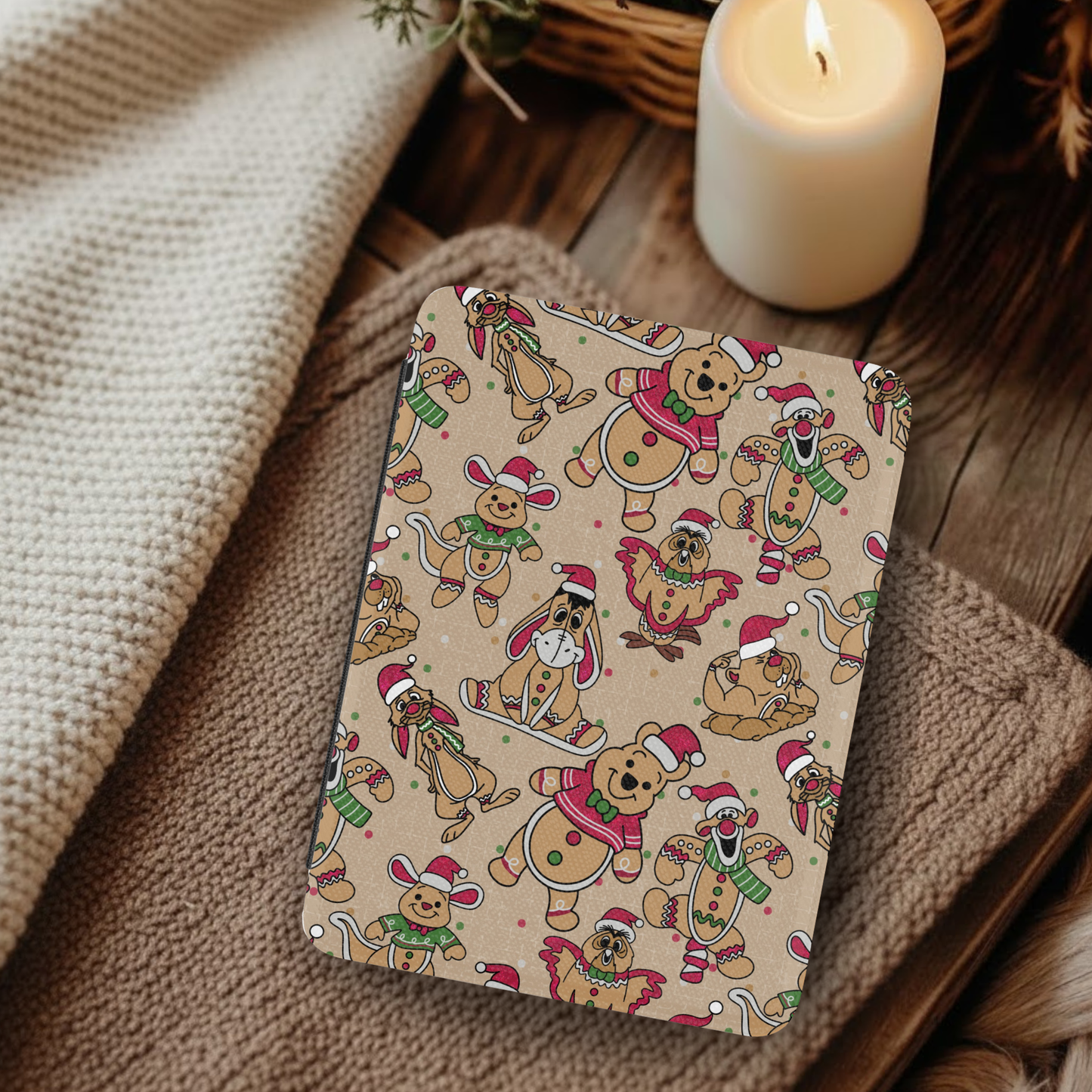 Christmas Winnie the Pooh Bear Leather Kindle Case with Hand Strap featuring festive holiday character pattern on warm fabric background