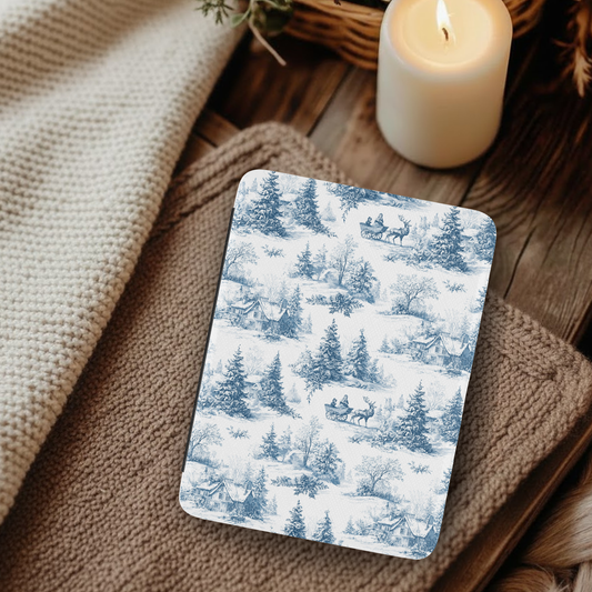 Winter Blue Toile De Jouy Leather Kindle Case with Hand Strap