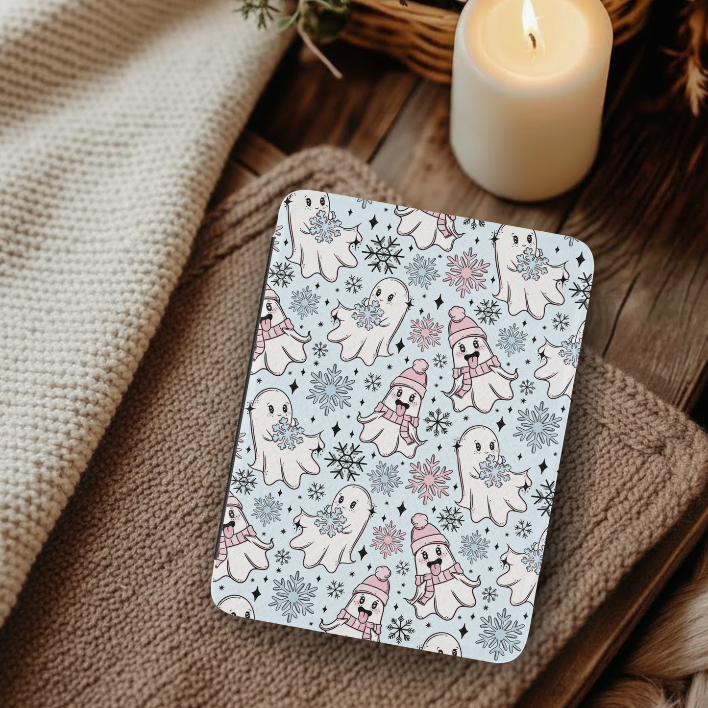 Winter Snowflake Ghosties Leather Kindle Case with Hand Strap