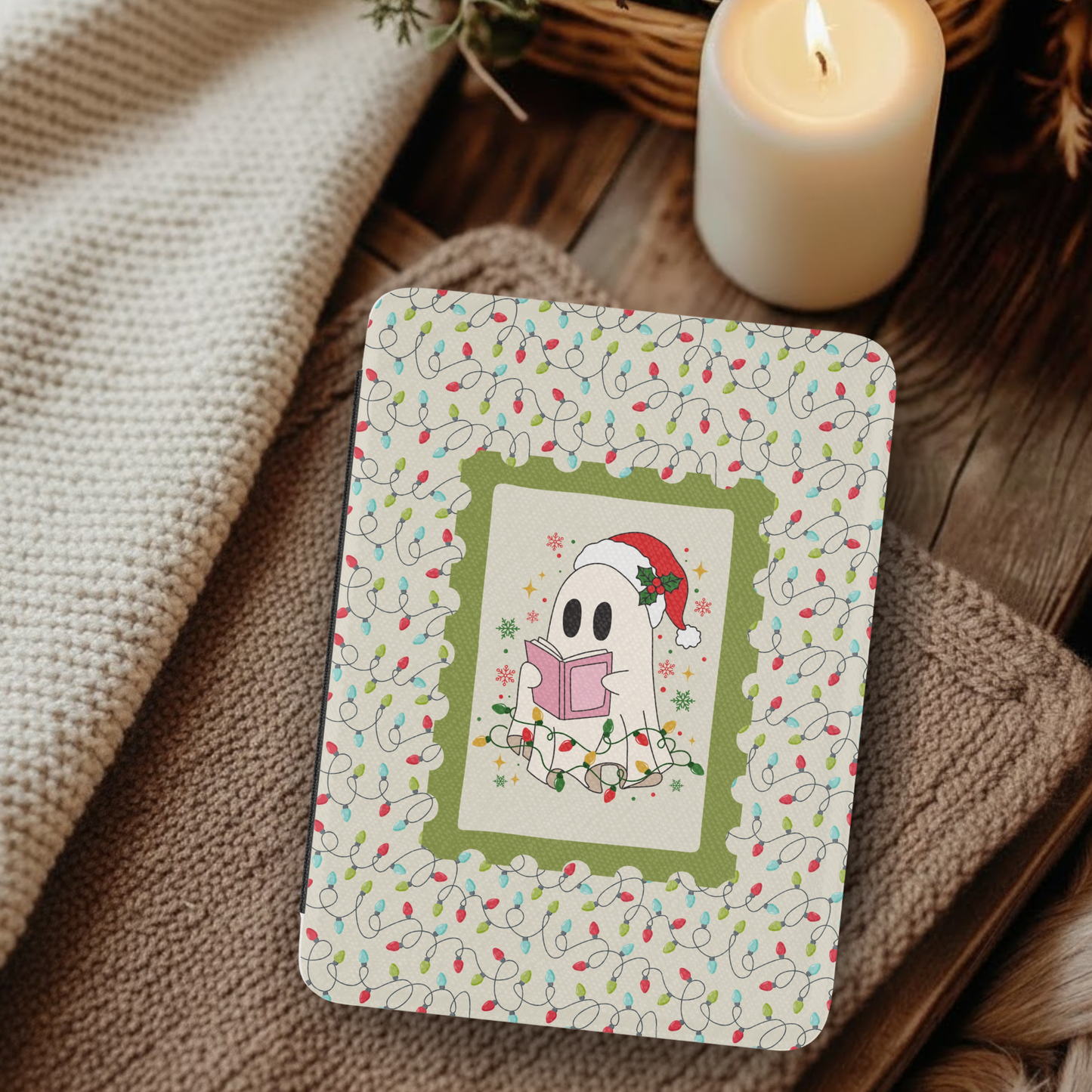 Christmas Light Ghost Leather Kindle Case with Hand Strap