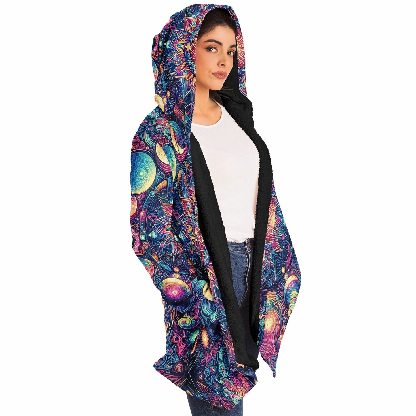 Psychedelic Celestial Sun Moons Fleece Lined Hooded Cloak