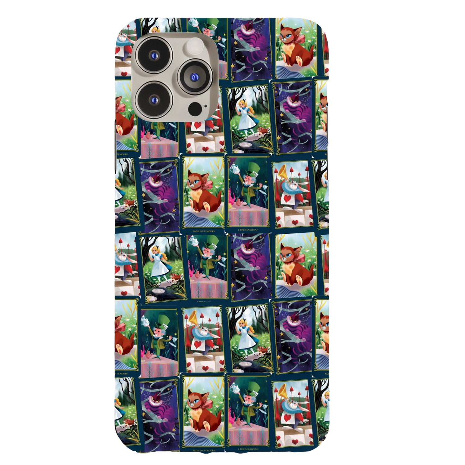 Alice Cheshire Cat Tarot Cards Phone Case featuring colorful tarot card illustrations inspired by Alice in Wonderland.