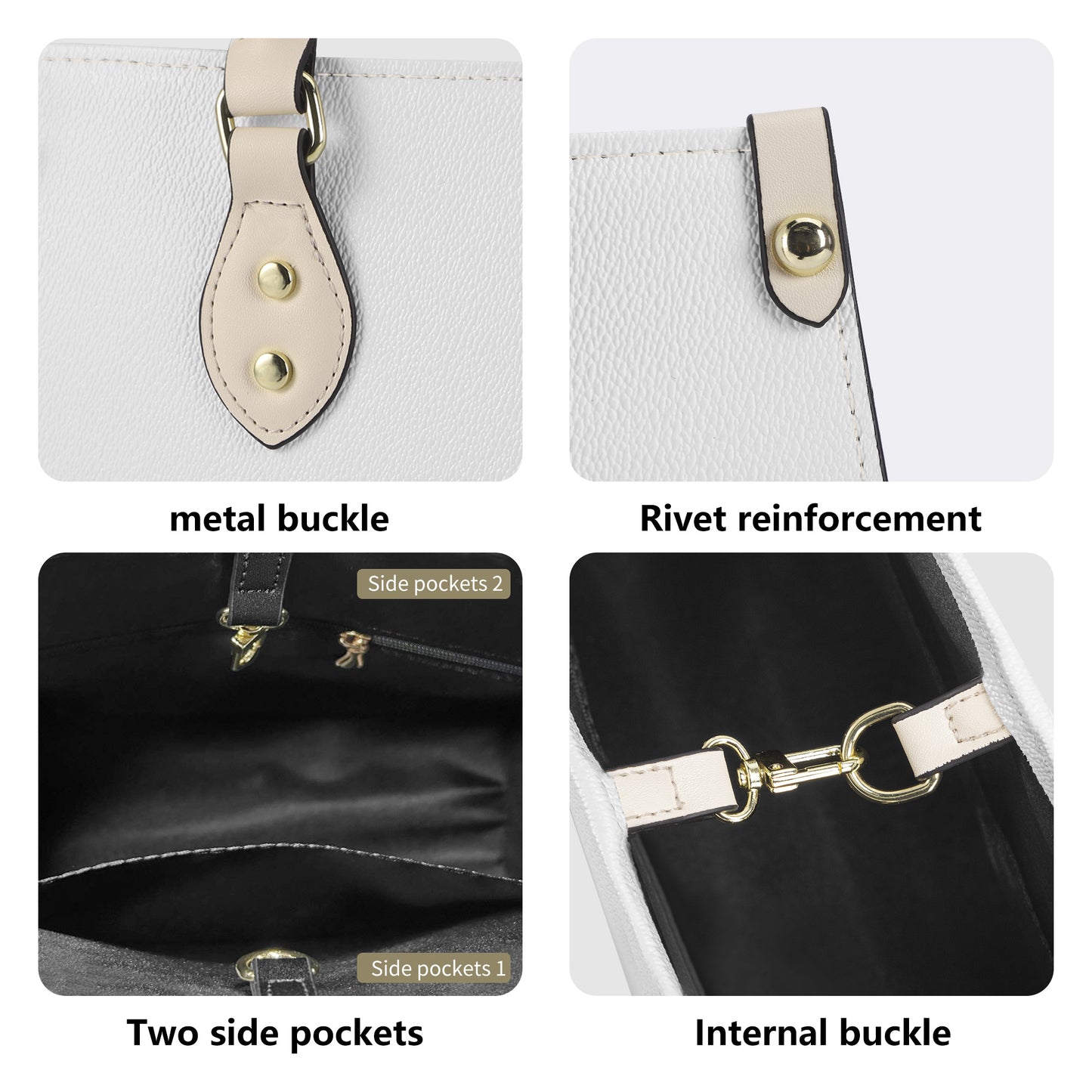 Close-up details of metal buckles, rivet reinforcement, side pockets, and internal buckle on Nostalgic Care Bears Patchwork Leather Handbag