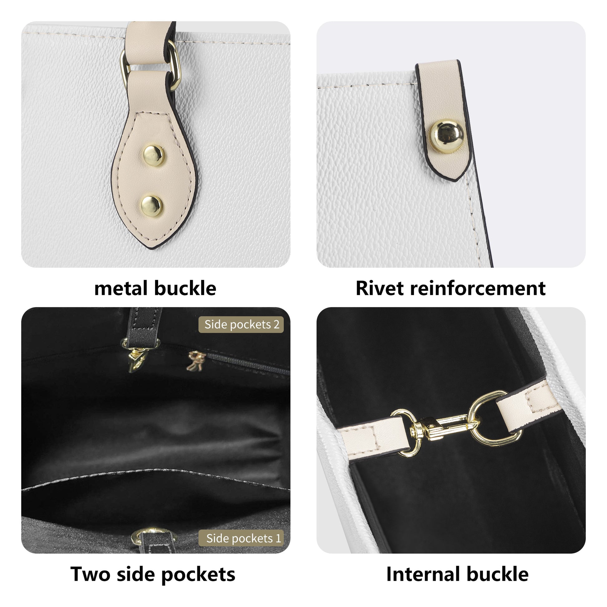 Close-up details of metal buckle, rivet, side pockets, and internal buckle on Arcane Jinx Graffiti Leather Handbag