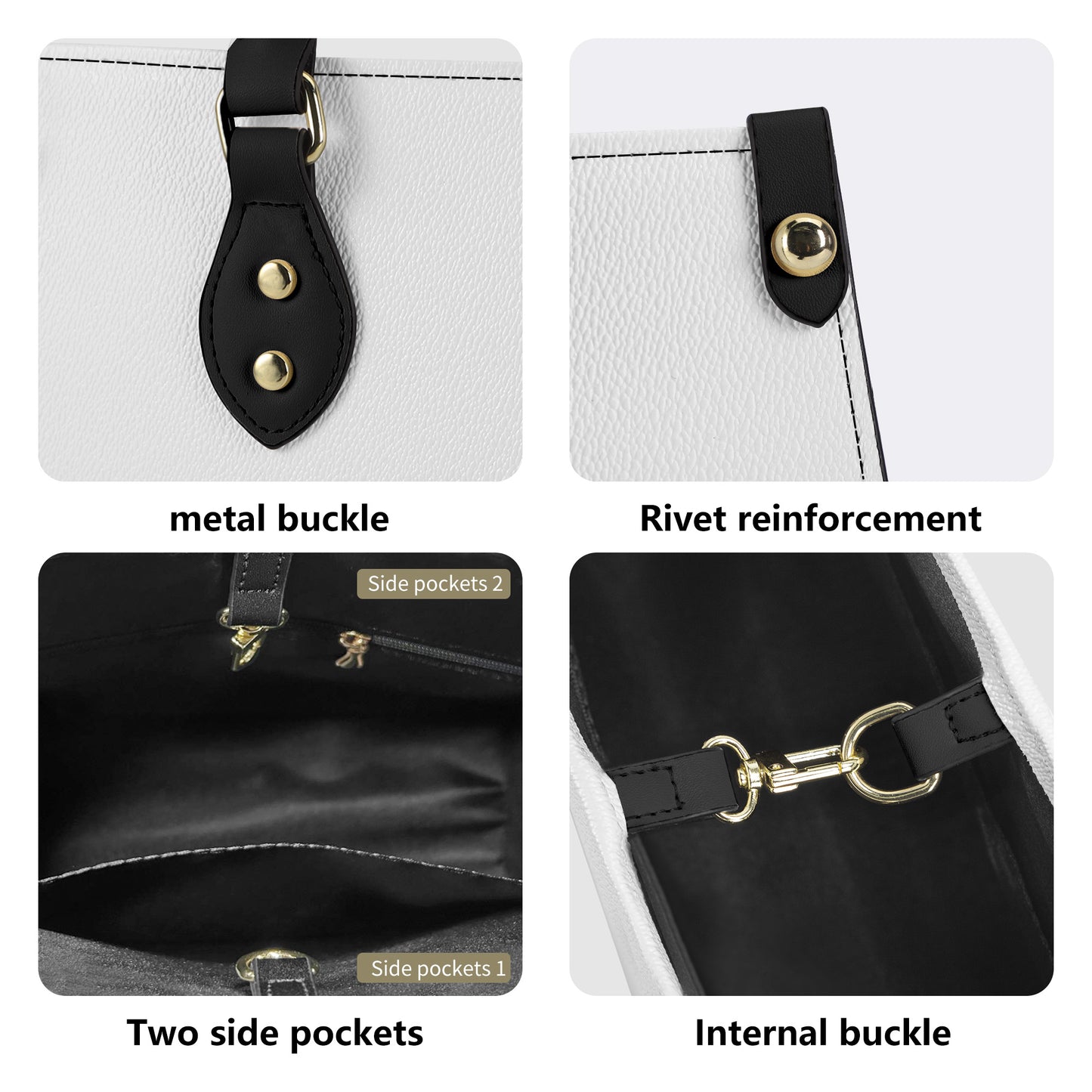 Close-up details of metal buckles, rivet reinforcement, side pockets, and internal buckle on Arcane Jinx Graffiti Leather Handbag