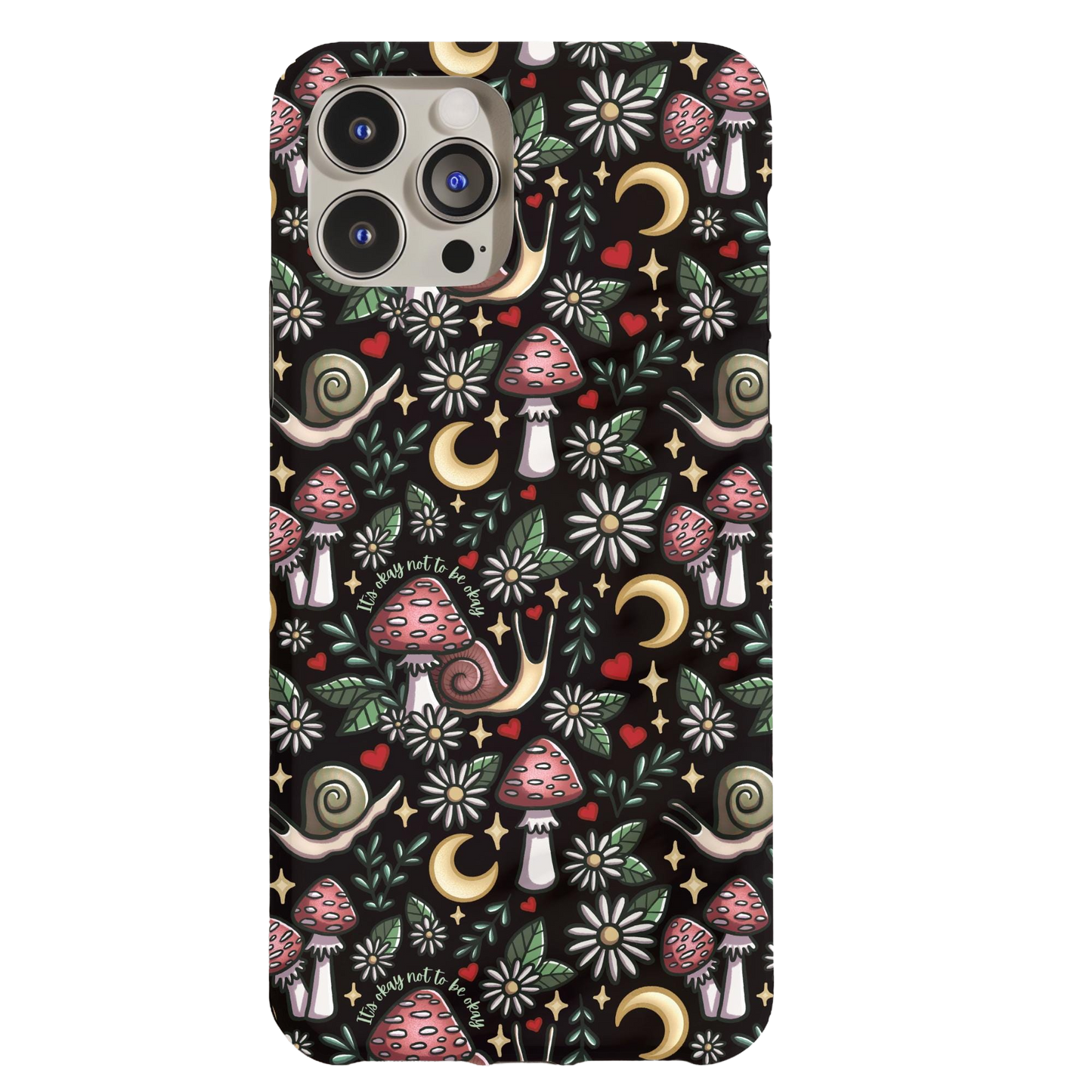 a phone case with mushrooms and stars on a black background