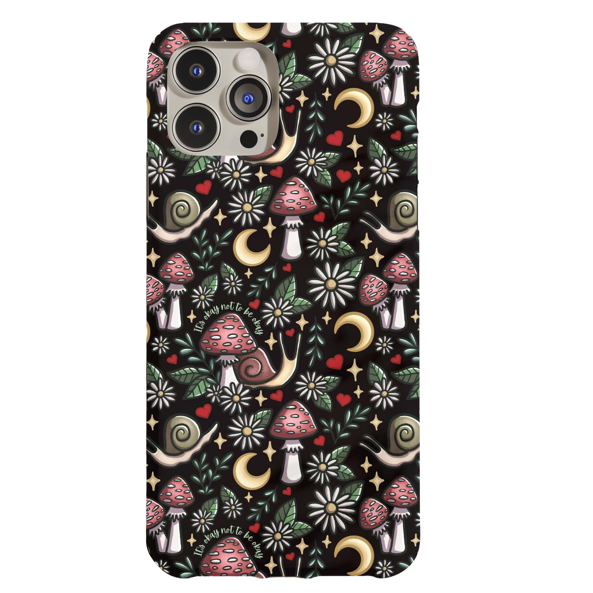 a phone case with mushrooms and stars on a black background