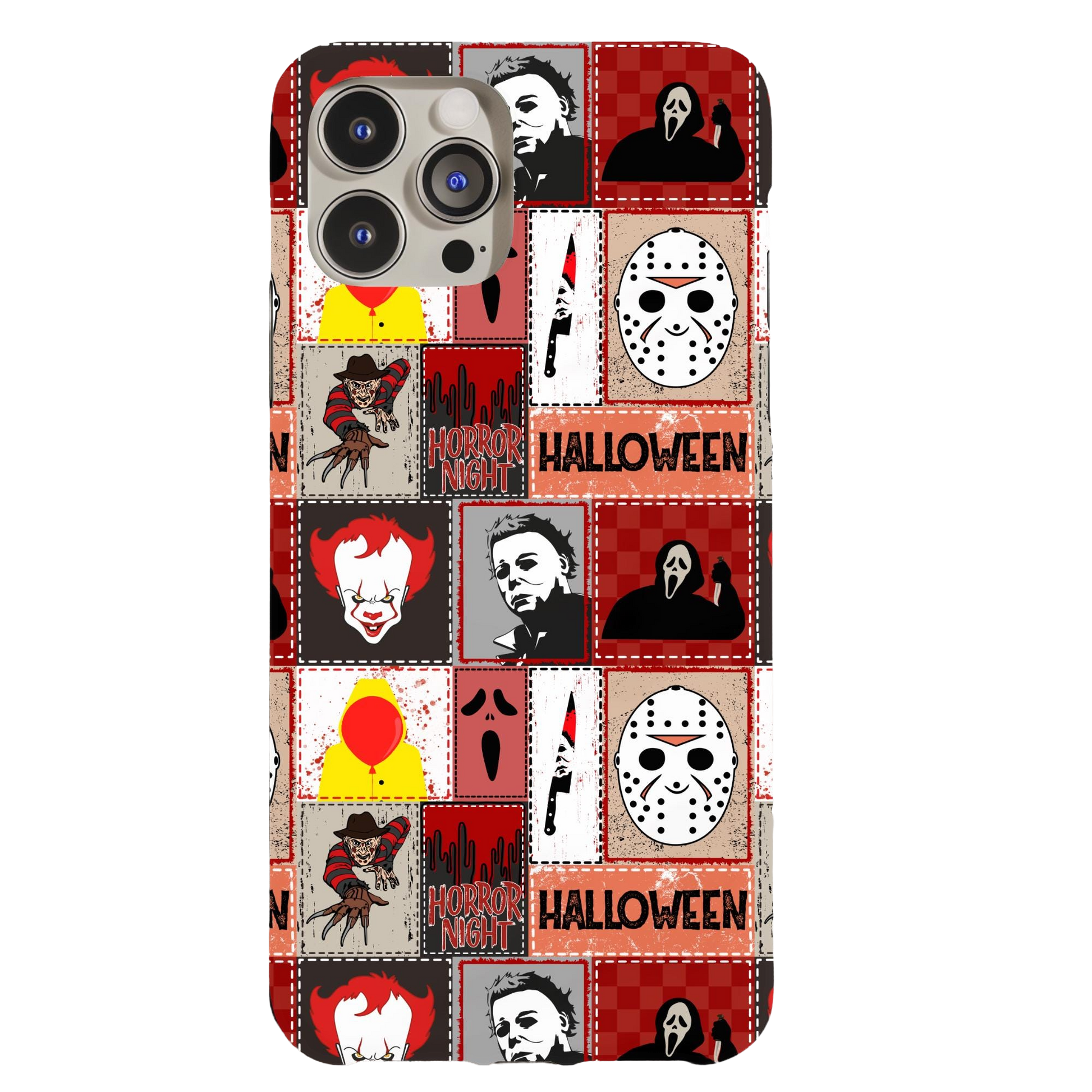 a phone case with a pattern of halloween characters