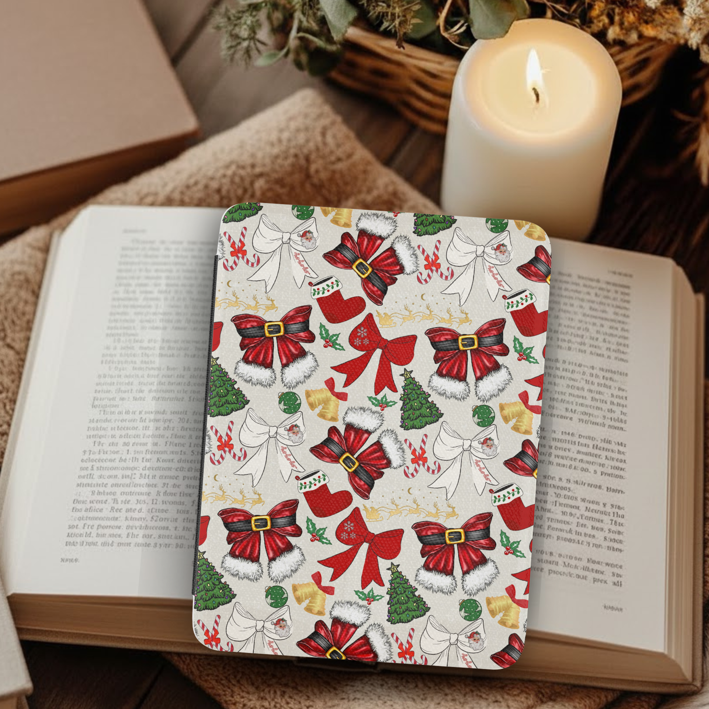 Coquette Christmas Santa Bows Leather Kindle Case with Hand Strap