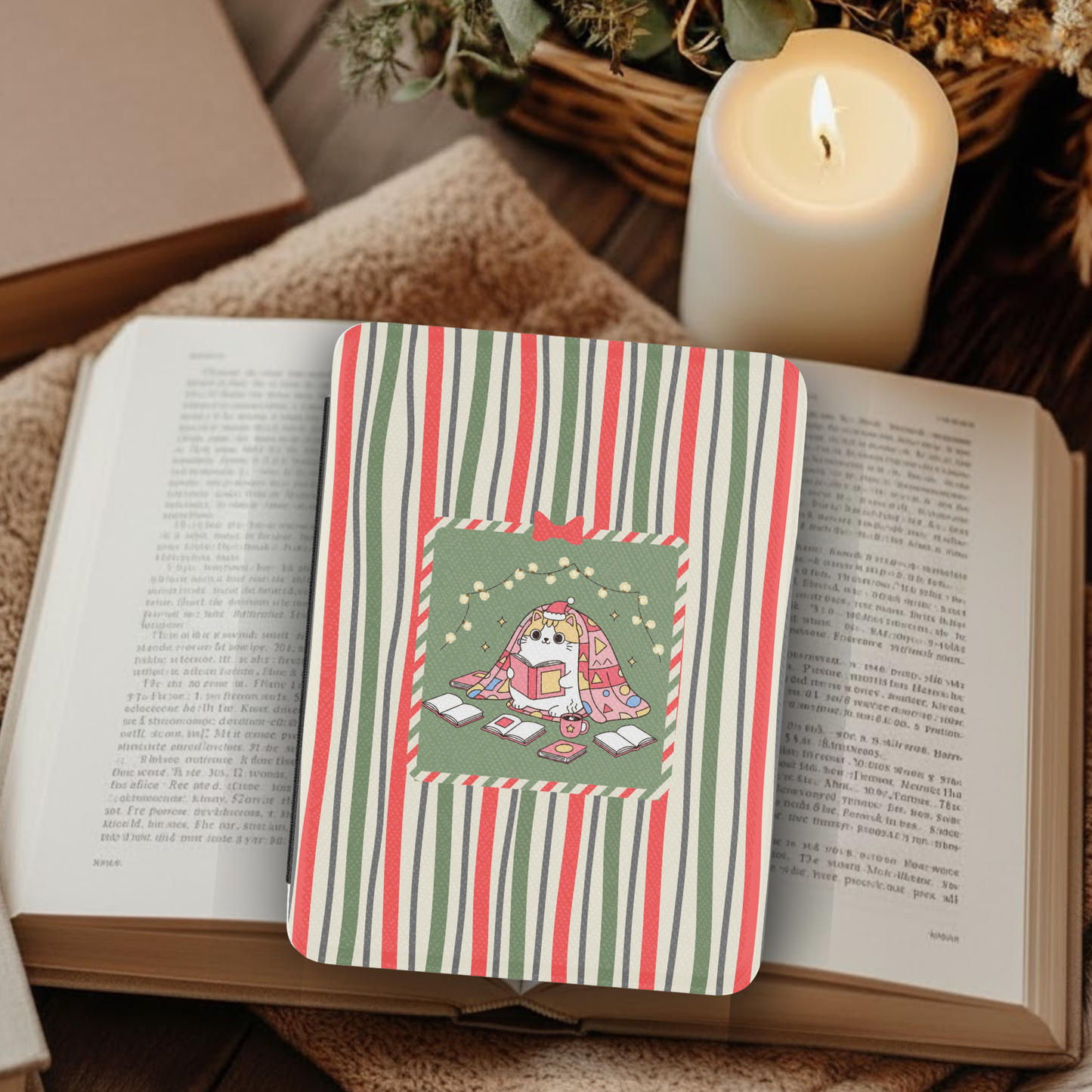 Christmas Cozy Cat Reading Leather Kindle Case with Hand Strap