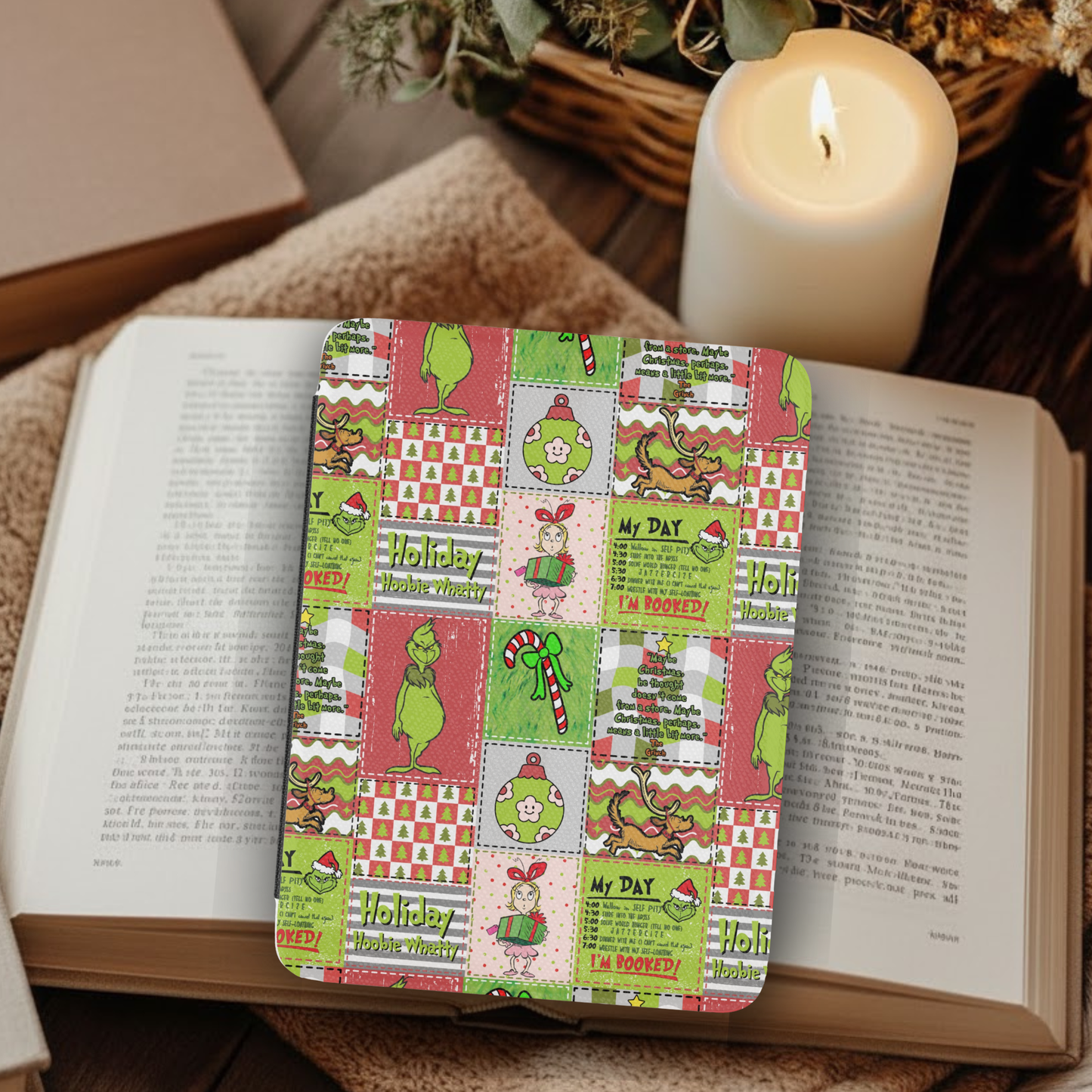 Christmas Grinch Patchwork Leather Kindle Case with Hand Strap featuring festive Grinch holiday designs on a cozy background