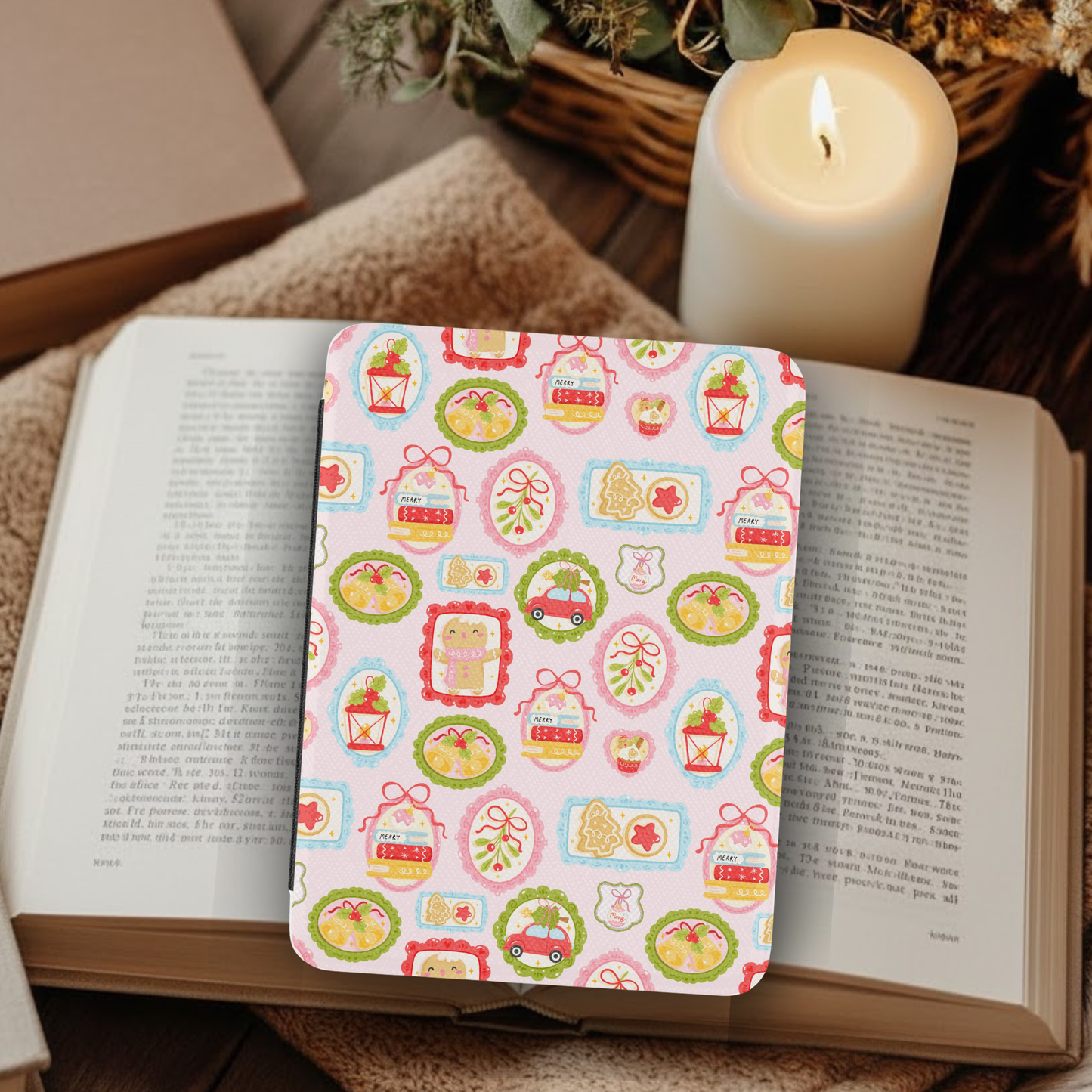 Coquette Christmas Frames Leather Kindle Case with Hand Strap