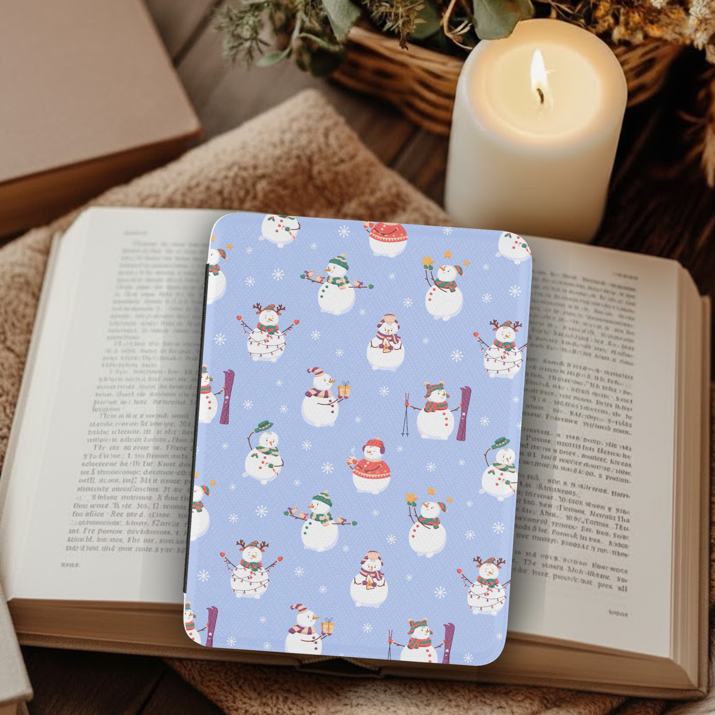 Skiing Snowmen Leather Kindle Case with Hand Strap
