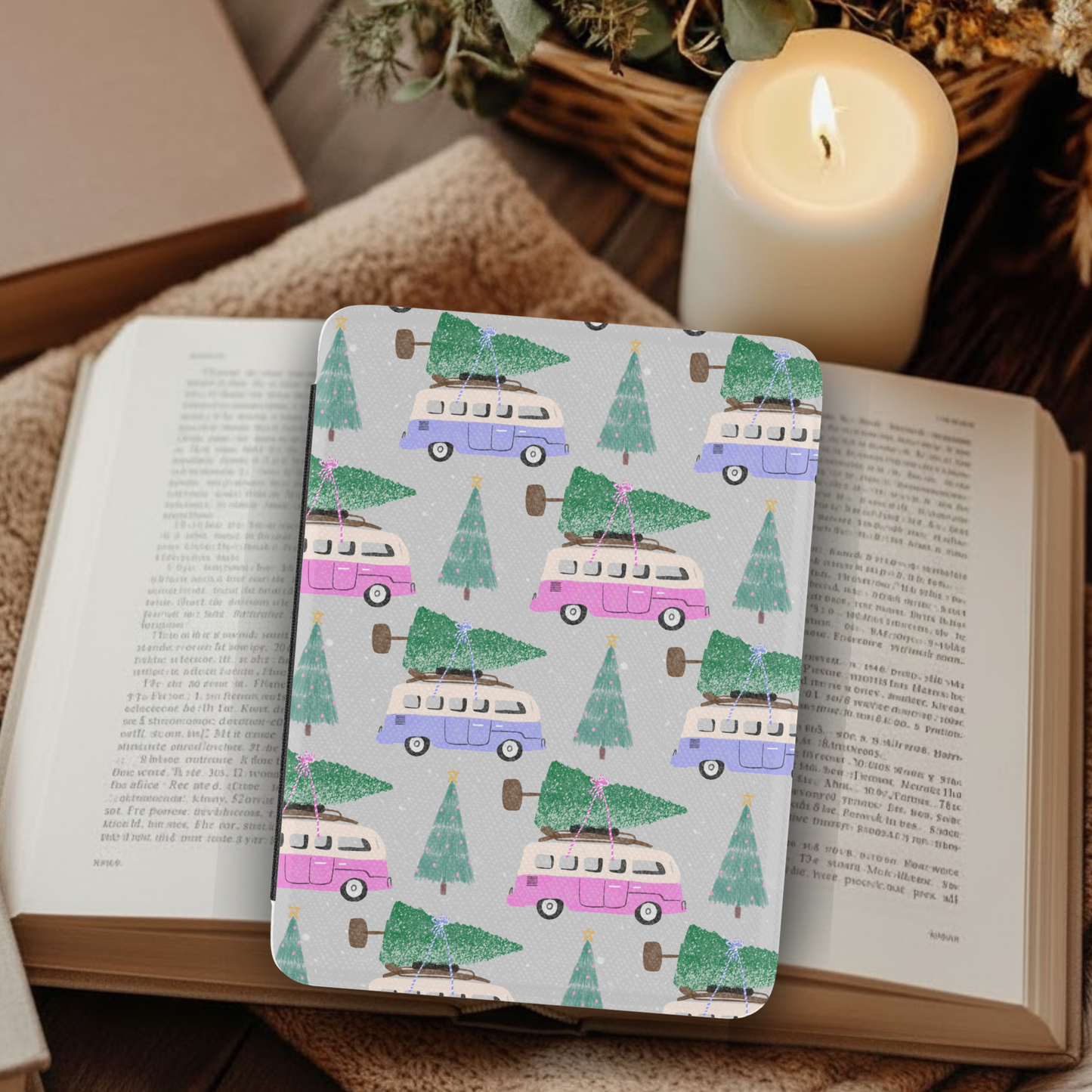 Christmas Tree Shopping Pattern Leather Kindle Case with Hand Strap