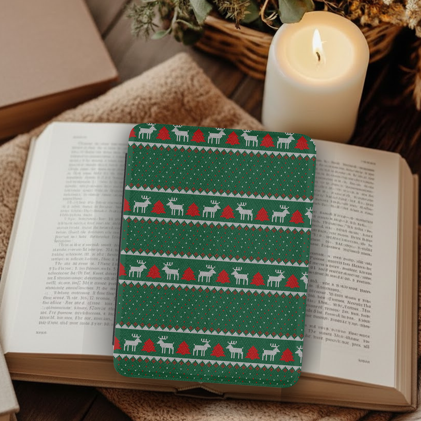 Reindeer Ugly Christmas Sweater Pattern Leather Kindle Case with Hand Strap
