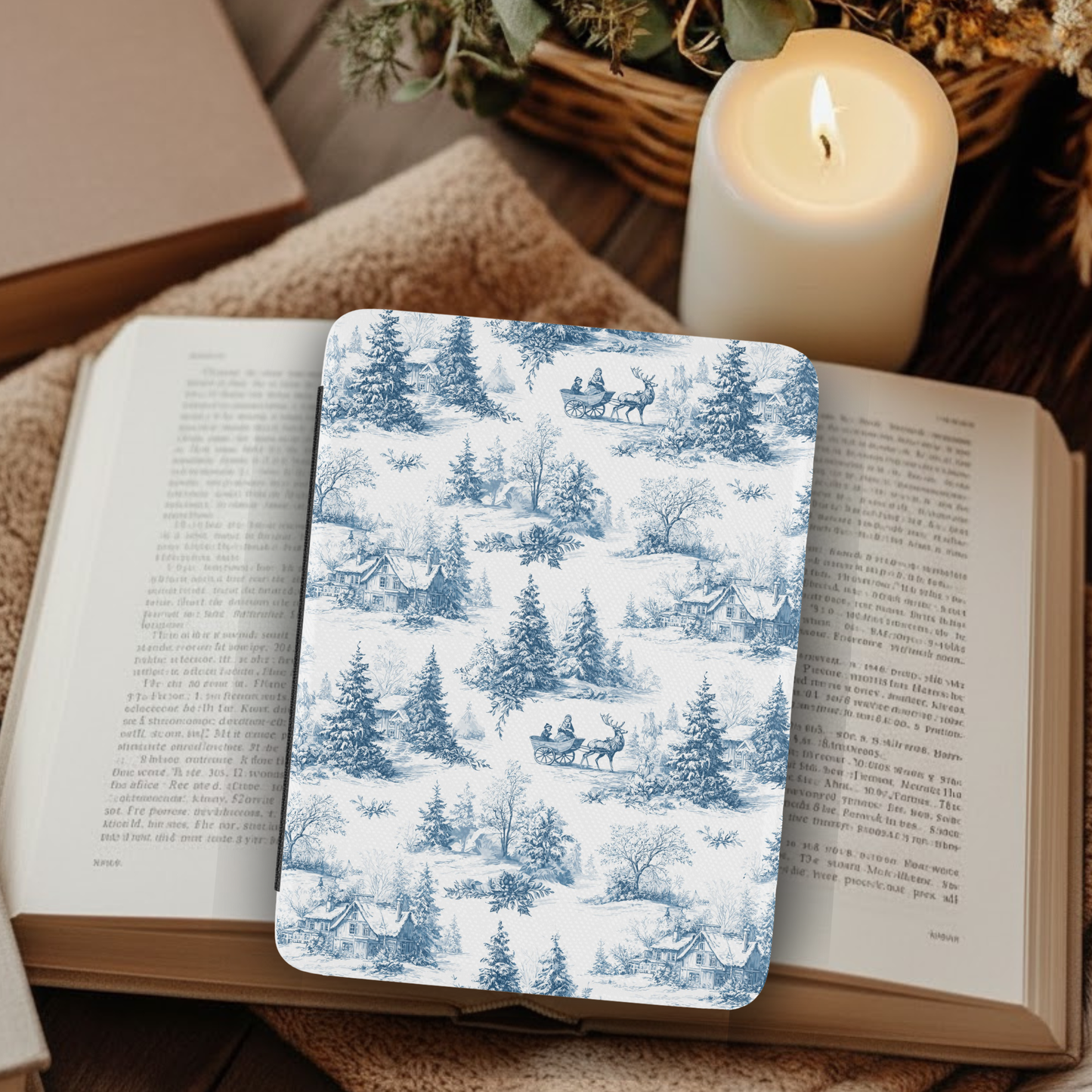 Winter Blue Toile De Jouy Leather Kindle Case with Hand Strap