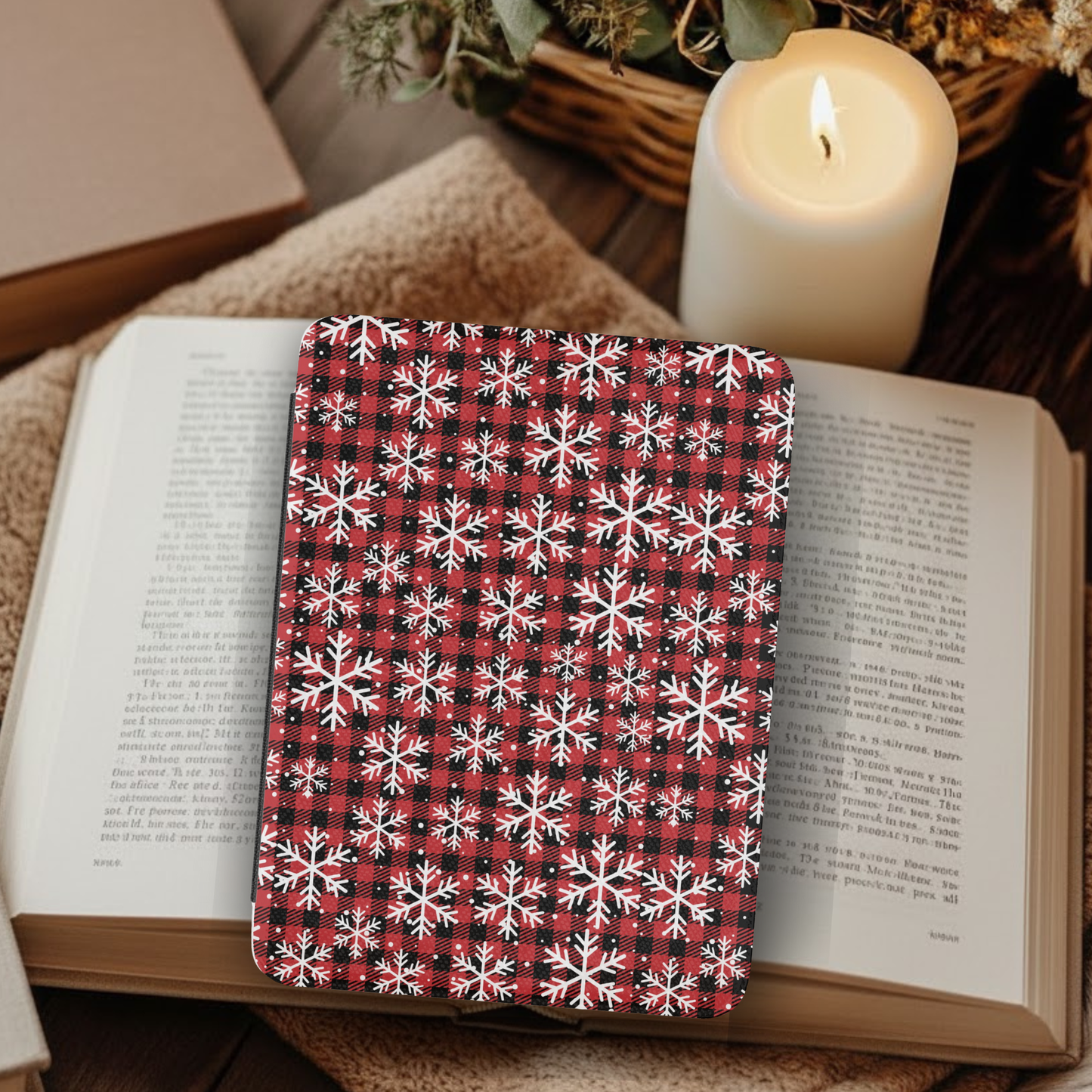 Snowflake Buffalo Plaid Leather Kindle Case with Hand Strap