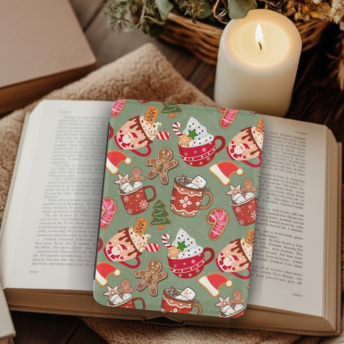 Cozy Christmas Hot Cocoa Leather Kindle Case with Hand Strap