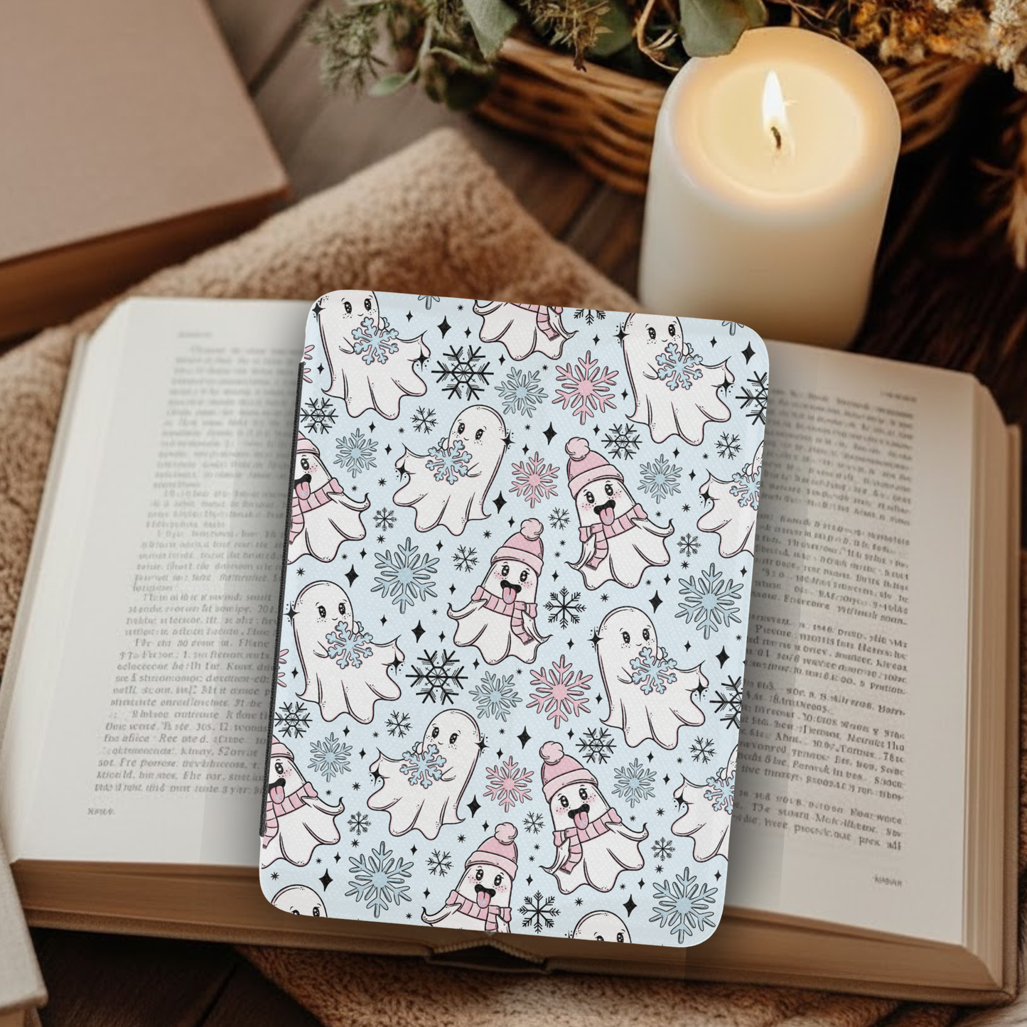 Winter Snowflake Ghosties Leather Kindle Case with Hand Strap