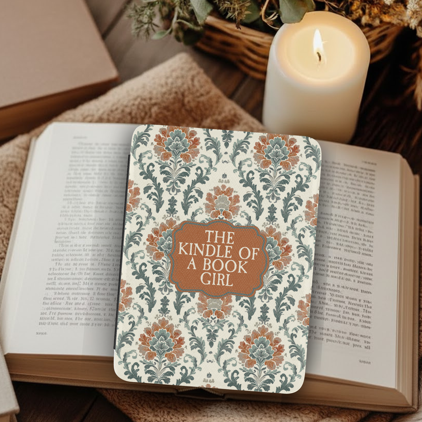 Vintage Damask Kindle of a Book Girl Showgirl Leather Kindle Case with Hand Strap