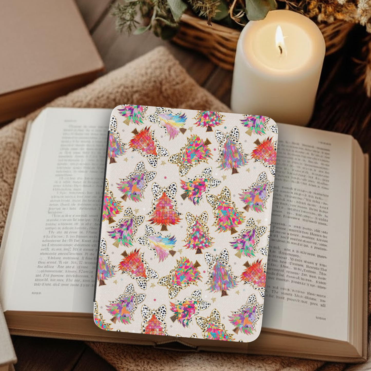 Bougie Christmas Trees Leather Kindle Case with Hand Strap