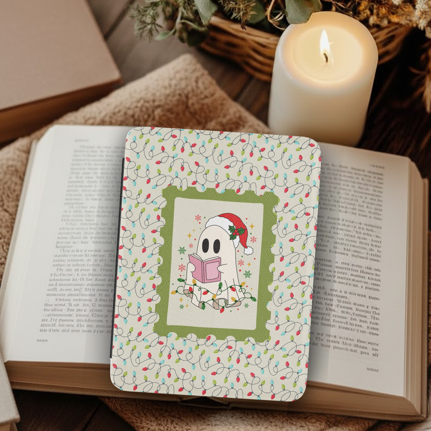 Christmas Light Ghost Leather Kindle Case with Hand Strap