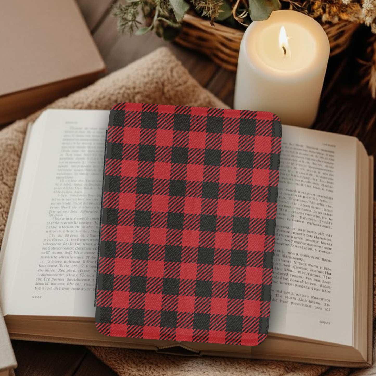 Red Buffalo Plaid Leather Kindle Case with Hand Strap