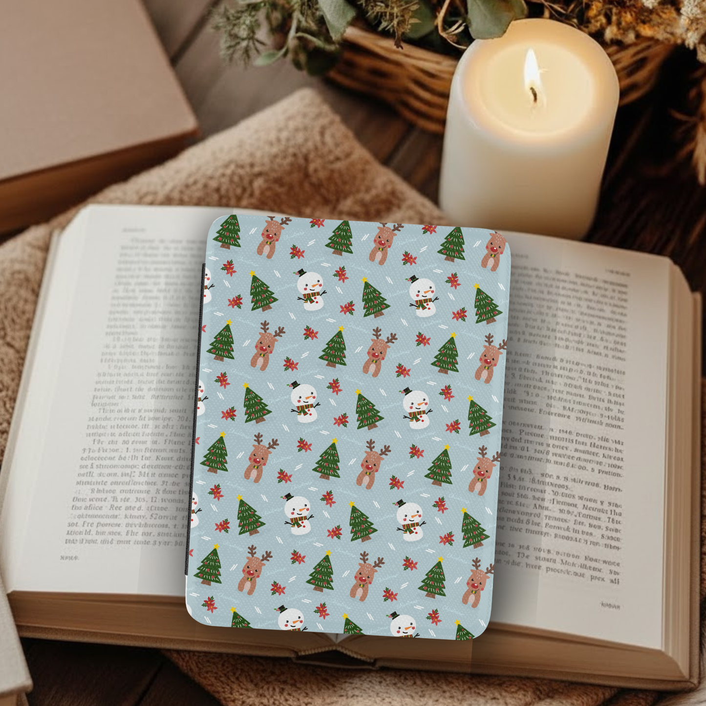 Snowmen and Reindeer Pattern Leather Kindle Case with Hand Strap