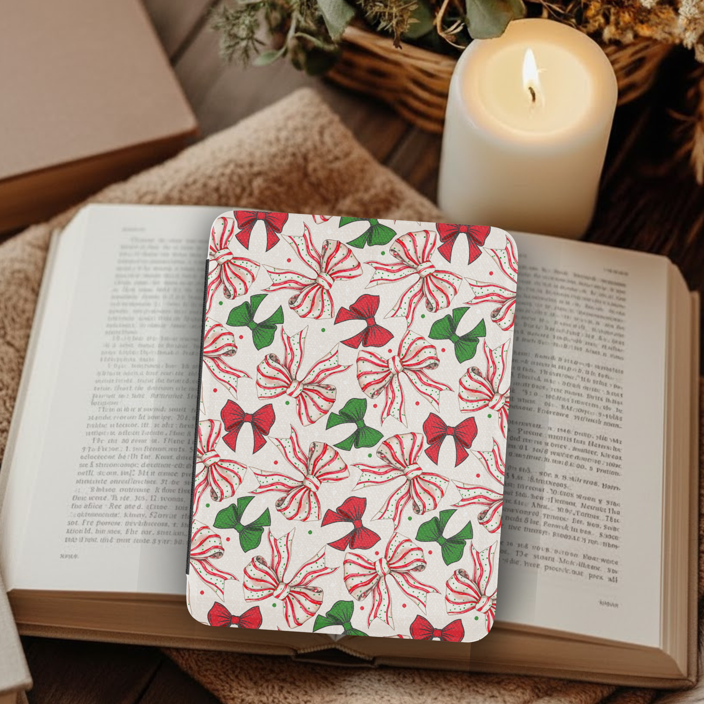 Coquette Christmas Cake Bows Leather Kindle Case with Hand Strap