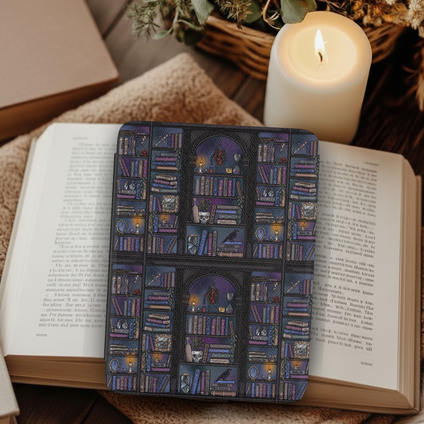 Dark Romance Reader Book Shelf Leather Kindle Case with Hand Strap