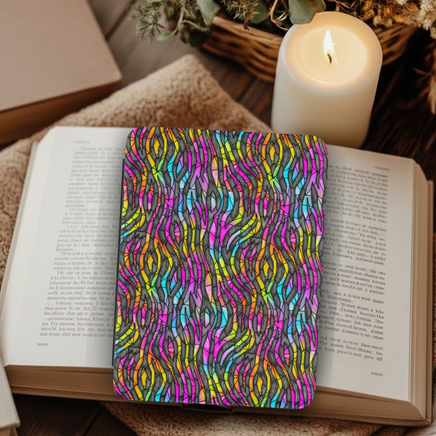 Lisa Frank Stained Glass Stripes Leather Kindle Case with Hand Strap
