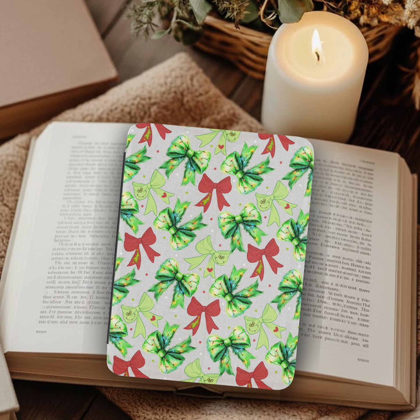 Coquette Christmas Grinch Bows Leather Kindle Case with Hand Strap