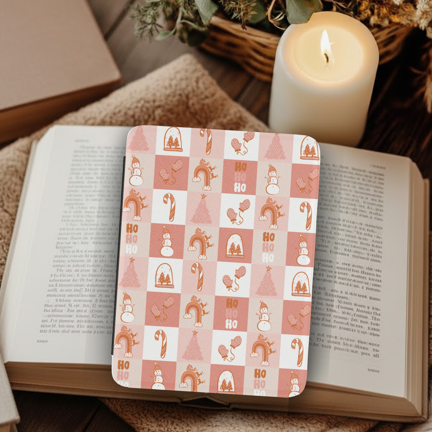 Pink Christmas Leather Kindle Case with Hand Strap