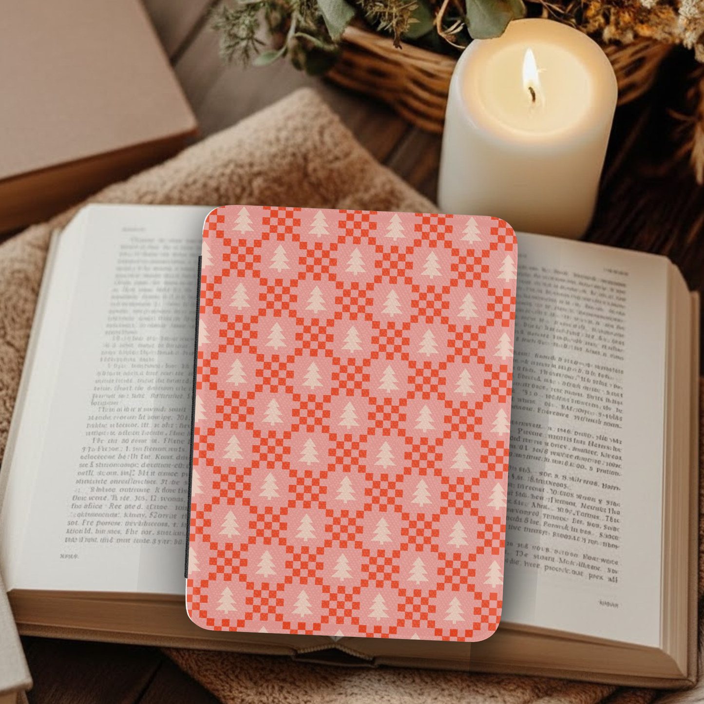 Christmas Tree Plaid Leather Kindle Case with Hand Strap