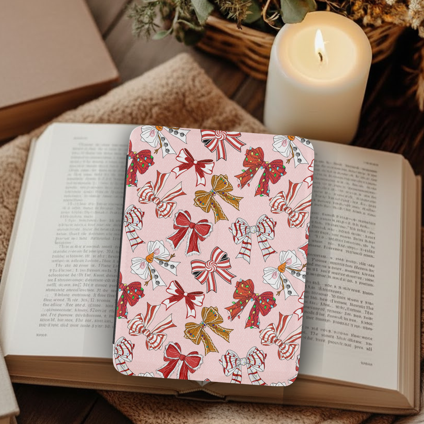 Coquette Christmas Cookie Bows Leather Kindle Case with Hand Strap