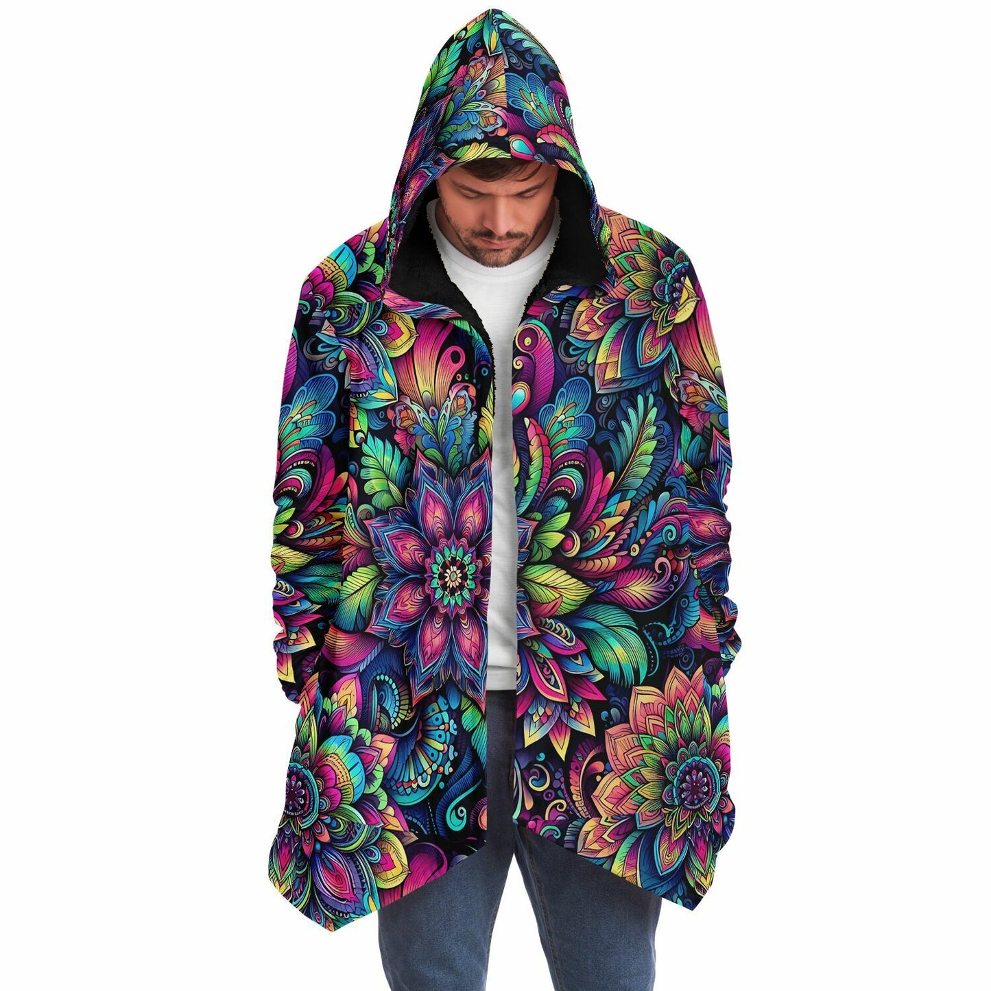Psychedelic Etched Floral Fleece Lined Hooded Cloak