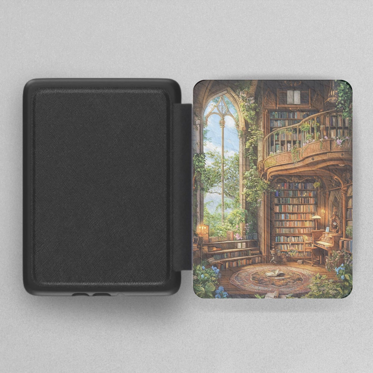 Fantasy Magical Library Autumn Fall Plaid Leather Kindle Case with Hand Strap