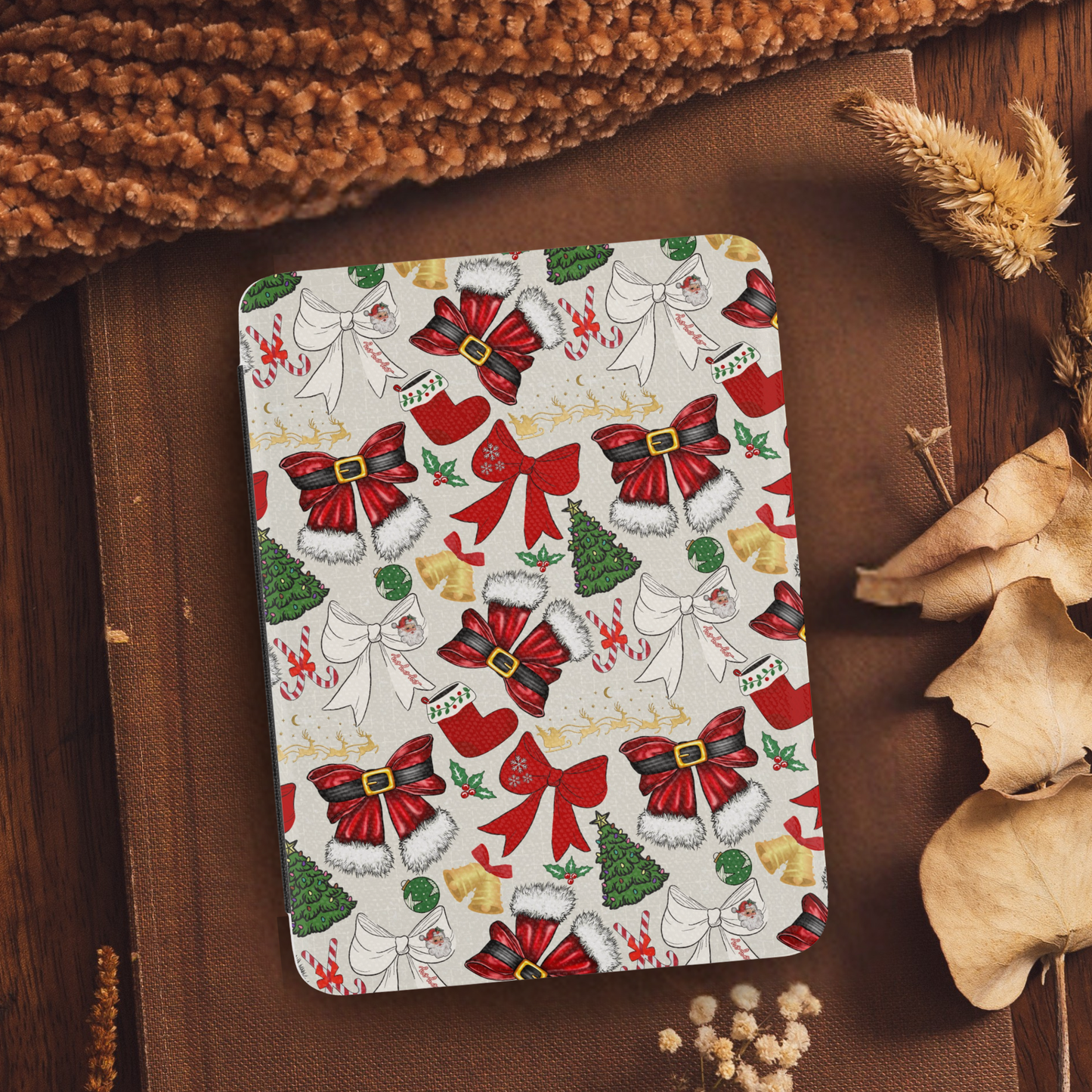 Coquette Christmas Santa Bows Leather Kindle Case with Hand Strap