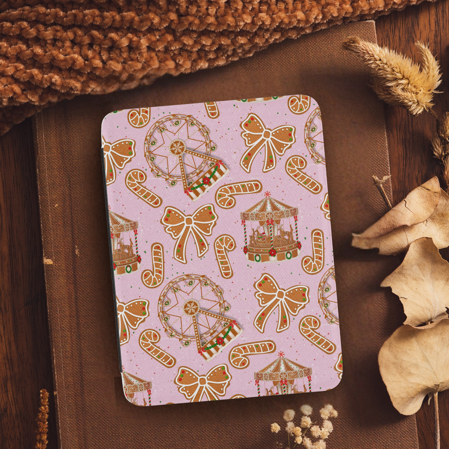 Gingerbread Cookies Fair Leather Kindle Case with Hand Strap featuring festive gingerbread and candy designs on soft pink background
