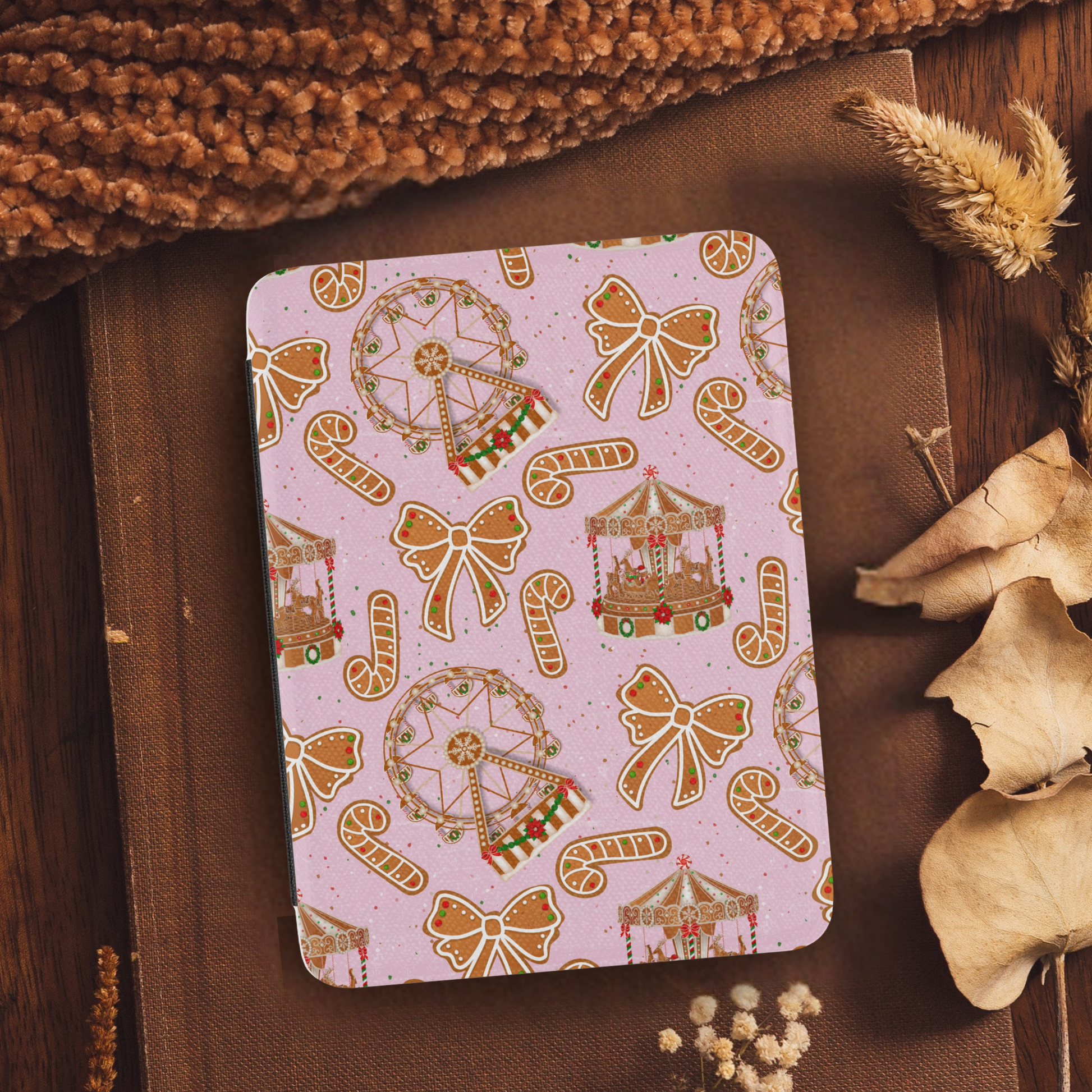 Gingerbread Cookies Fair Leather Kindle Case with Hand Strap featuring festive gingerbread and candy designs on soft pink background