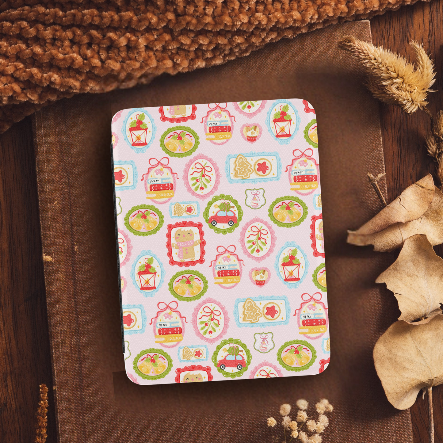 Coquette Christmas Frames Leather Kindle Case with Hand Strap