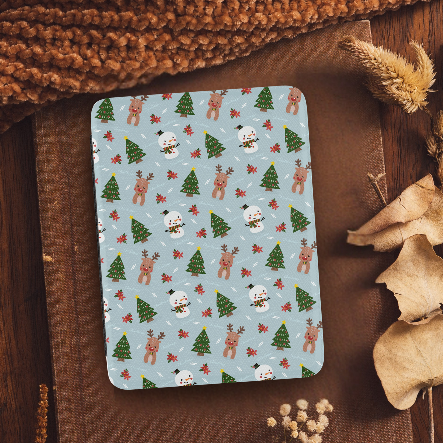 Snowmen and Reindeer Pattern Leather Kindle Case with Hand Strap