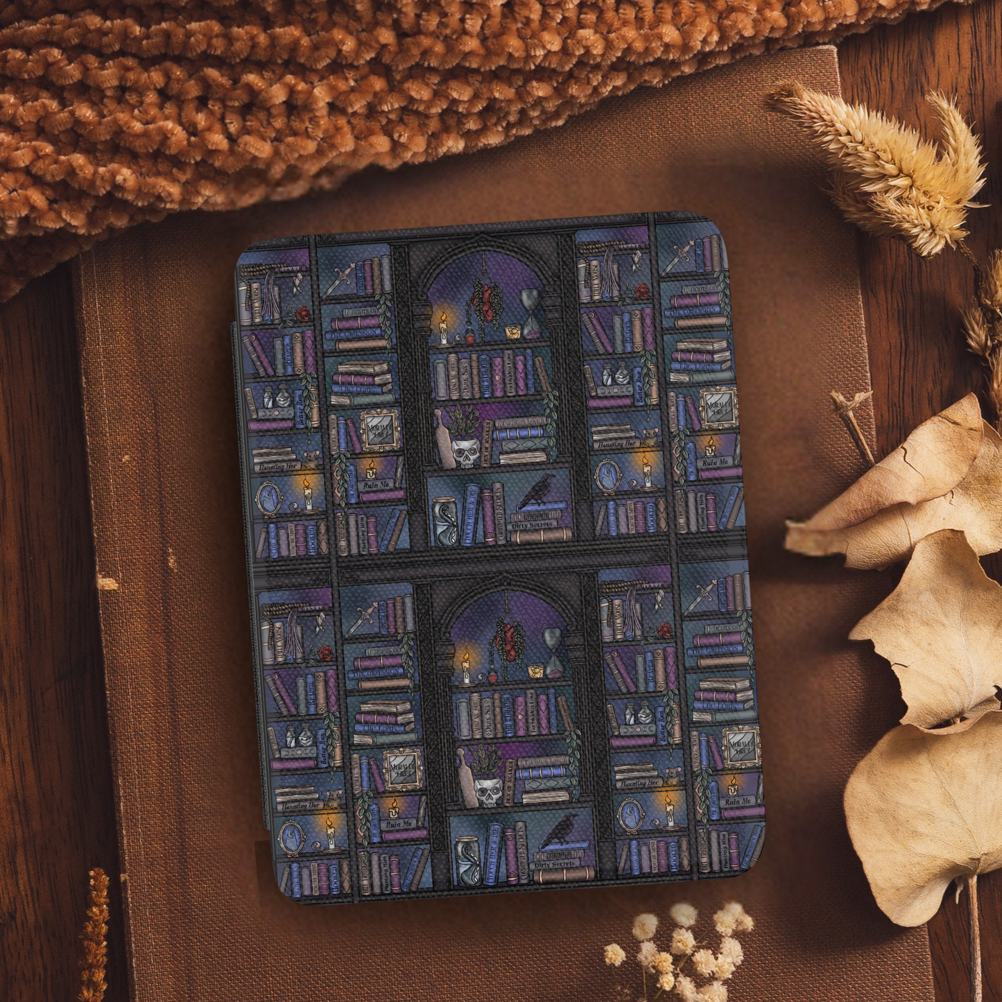 Dark Romance Reader Book Shelf Leather Kindle Case with Hand Strap