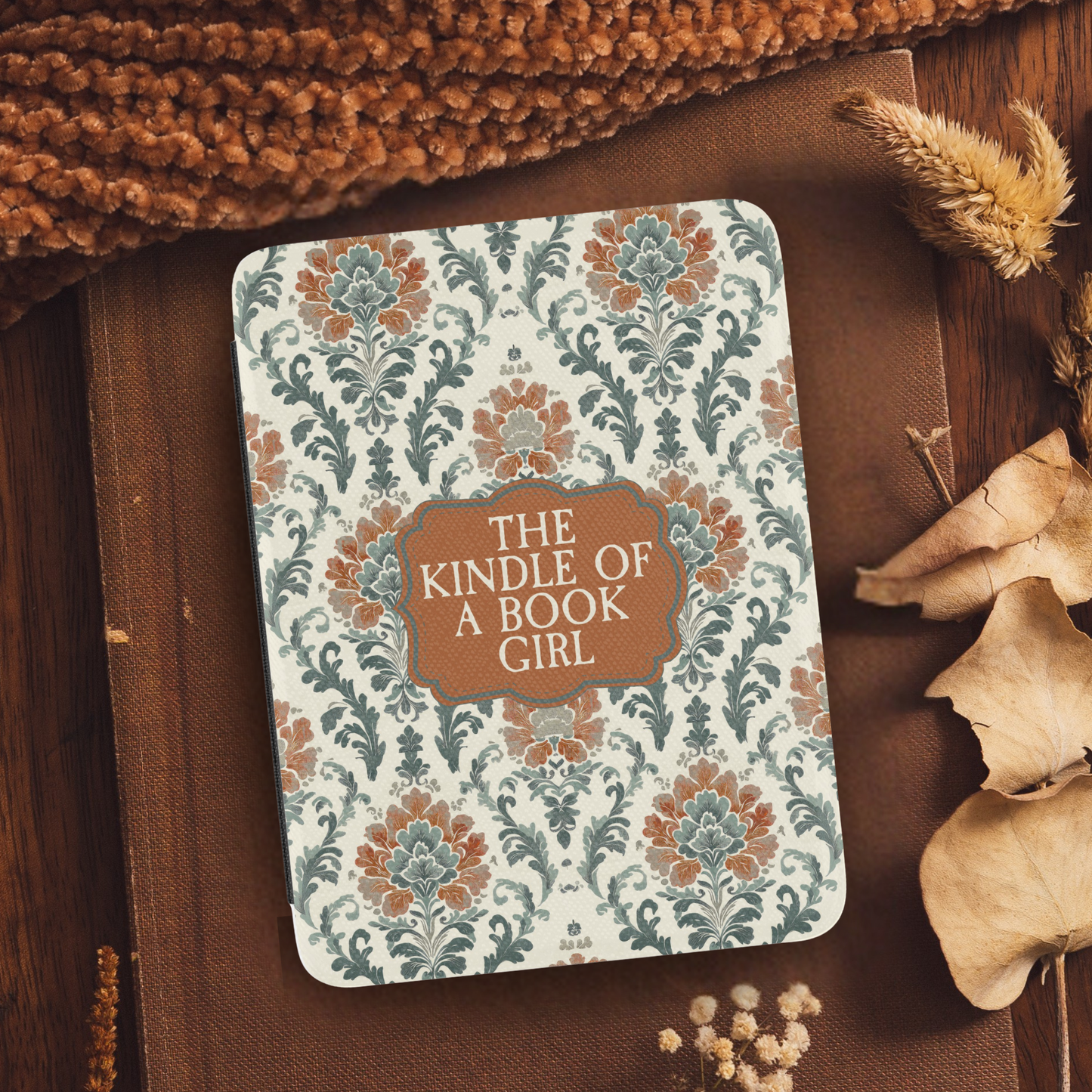 Vintage Damask Kindle of a Book Girl Showgirl Leather Kindle Case with Hand Strap